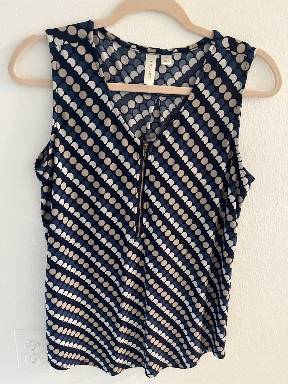 Tacera Navy and Cream Polka Dot Zip-Front Sleeveless Tank size S